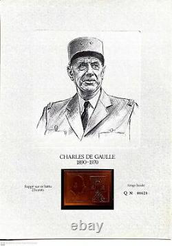 Rare Philatelic Document De Gaulle Trapped On 23 Carat Beaten Gold 1970